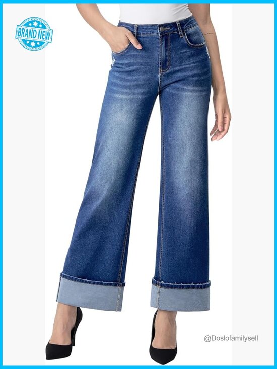 Denim - Wide Leg Jeans High Waisted Stretchy Cuffed Baggy Denim Pants Y2K